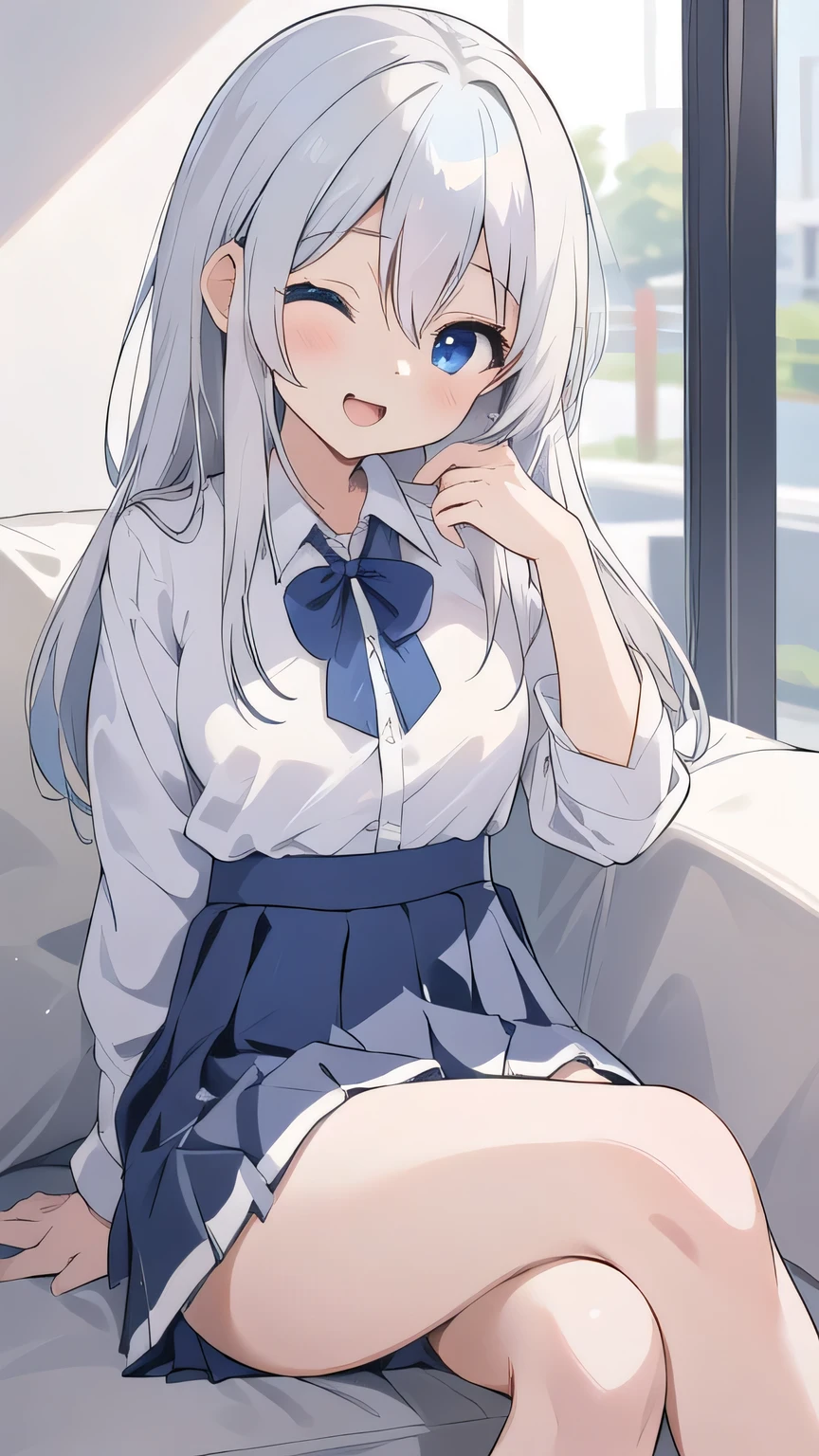 cute girl, アニメ, silver hair, straight hair, Blue eyes, (young:0.9), (small bust:0.5), (cute:1.3), (middle bust:0.8), (cute girl:1.2), cowboy shot, cute, side shot, (Smail:1.3), open mouth, backwards, (white school uniform:1.0), (dark blue skirt:1.4), (ローアングル:1.5), close eyes, (cross legs:1.2), (seduce:1.4) 