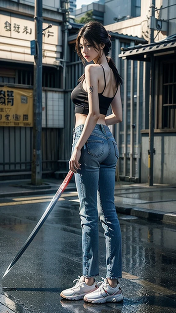 ８ｋ,Realistic skin texture、Superrealism、Realistic photos、Japanese women、、Stand with a Japan sword、Stand up to your full height.、The tip of the sword is pointed at me、Tank top,Oversized jeans、sneakers、Shinjuku back alley、Innovative Configuration、Full body photo、、A melancholic look、tattoo、rain