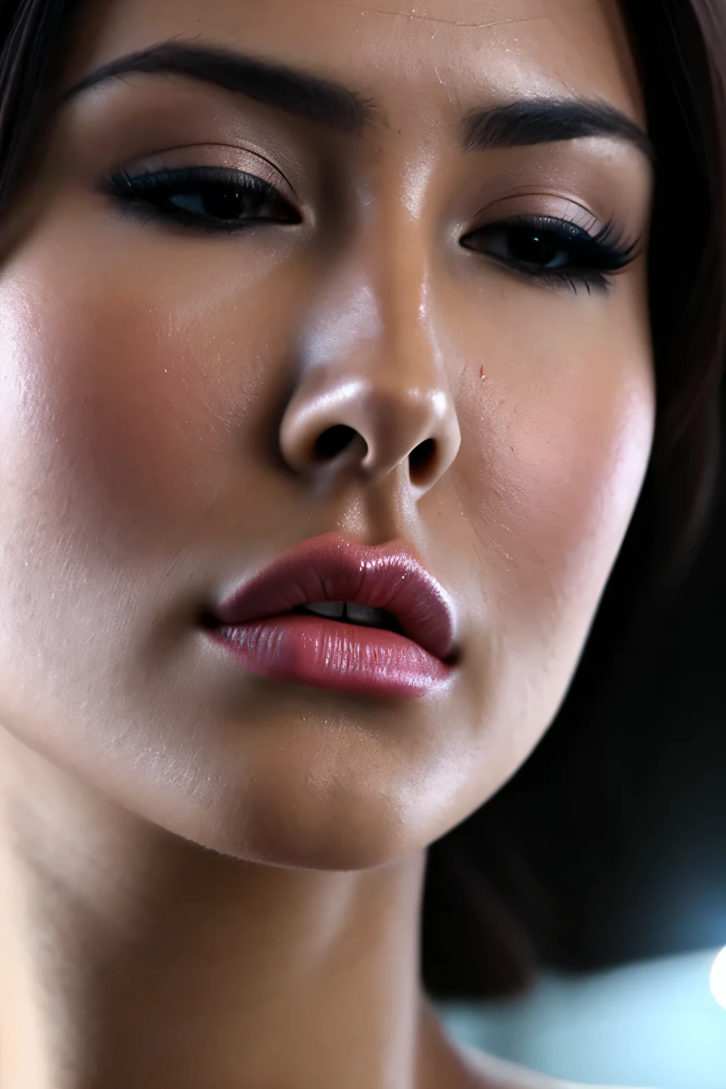 a close-up image of a sexy woman, 2, eyes closed, moaning,edgOrgasm,face focus,woman with edgOrgasm_face, mouth wide open, realistic skin, super defined and contoured lip contour, tanned Skin, beautiful face, no makeup, no eyeliner, no eyelashes, (eyelashes not be visible), (should not be visible), moaning mouth, voluminous lips, small eyes, super defined and detailed eyebrows, extremely symmetrical face, Hair tied back, extremely fine details, Ultra defined realism, ultra HD 8K resolution, extremely realistic and detailed skin, no visible shadows, defined eyebrows, substance painter render, (Hair cannot be in front of the face), 8k, best quality, masterpiece, realistic, ultra detail, photo realistic, hyper realistic, smoother lighting, increase cinematic lighting quality, realistic lighting, backlighting, brightening light, Increase quality, best quality real texture skin, close-up, slender, mystical background,furrowed brow, raised eyebrows, screaming, frown,Beautiful Japanese Actresses,Short Nose,