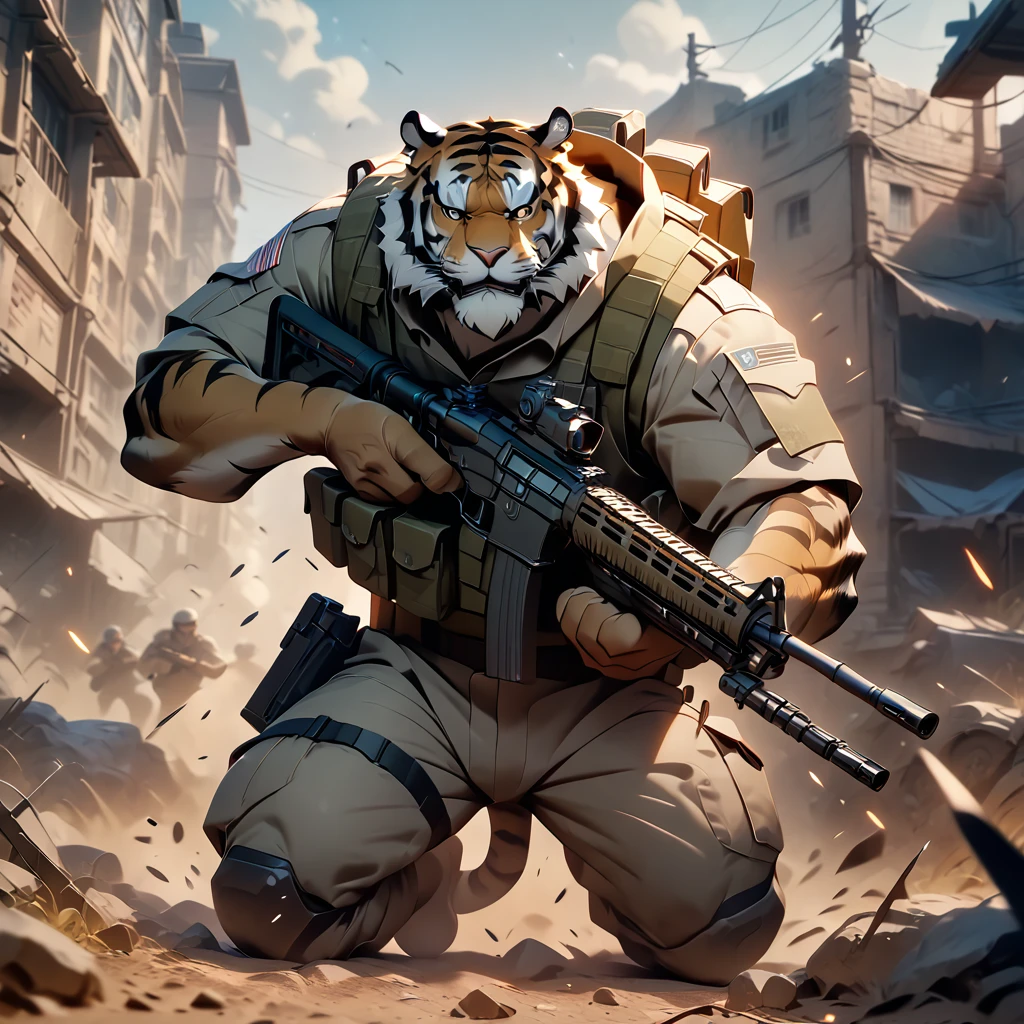 masterpiece, best quality, very aesthetic, absurdres, BREAK noise reduction, BREAK super fine illustration, insanity detailed, ultra detailed, BREAK [face:full body:10], looking away, dynamic angle, professional lighting, BREAK military, sergeant, plump middle-aged tiger man, fluffy body, tail, BREAK anime face, male face, big face, square jawline, brown eyes, male eyes, big eyes, male eyebrows, innocent look, beautiful beard, SimplePositiveXLv2, BREAK set up assault rifle, standing, fighting, dynamic pose, BREAK [simple background::12], battlefield, outdoor,  