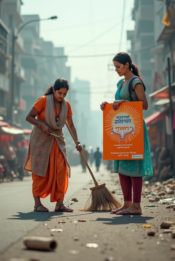 A photo of a cleanliness drive in India. People, including children, are sweeping the streets with brooms. The streets are lined with garbage that has been collected. The background contains buildings. There is a banner that says "Clean India". Shoked per 4k aspect ratio16.9
