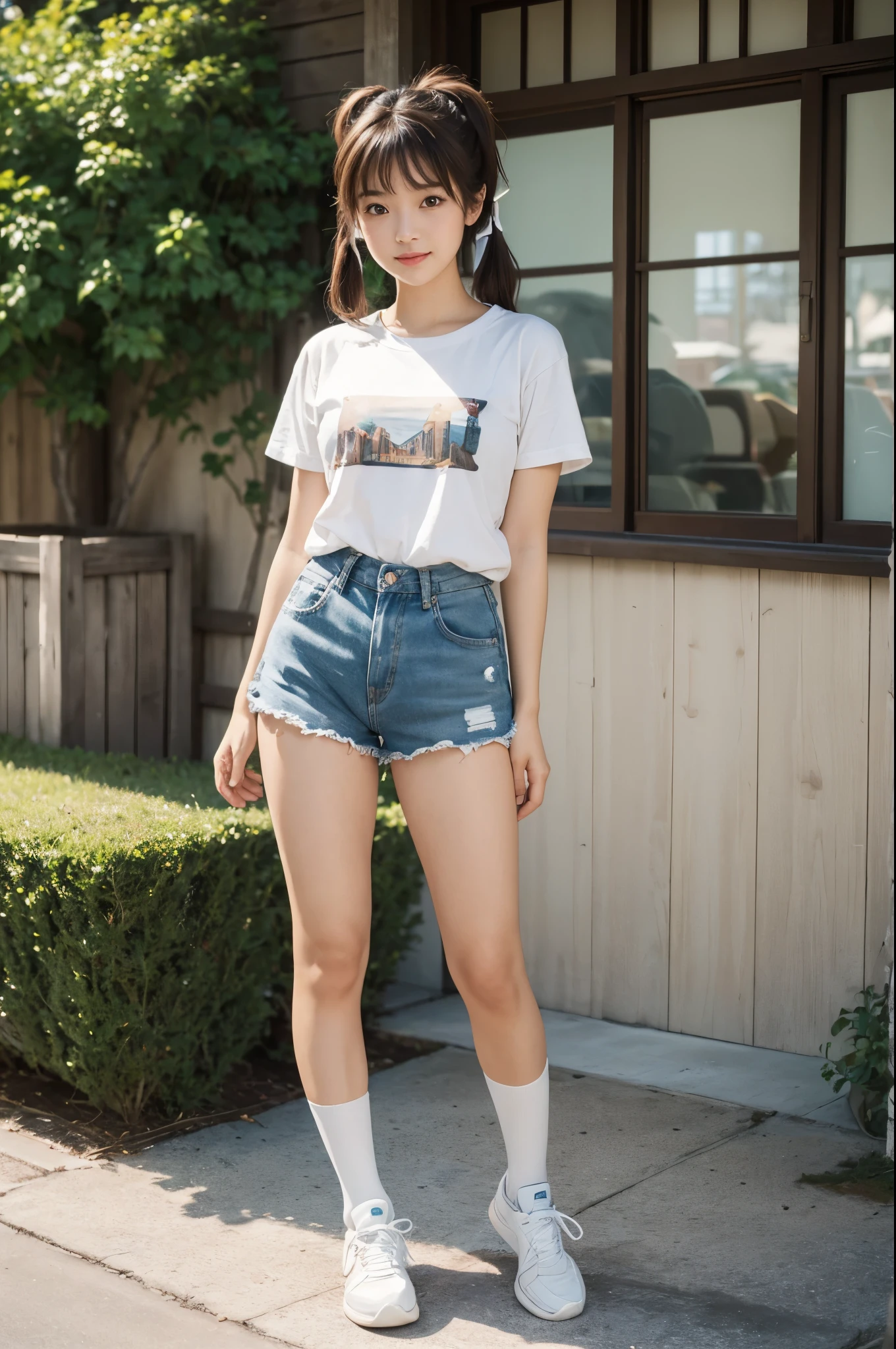 (masterpiece, Highest quality, 8K, High resolution),(Realistic skin texture, Perfect Face, Realistic, Perfect hands, Perfect finger count, Japanese, Girl),ld), Big Eyes, Brown eyes, Light brown hair, bangs, Twin tails, Hair Ribbon, Small face, Smile, (Border T-shirt, shorts, thigh length stockings, sneakers)), garden, Are standing, Cute pose, Arms behind back, Hair blowing in the wind