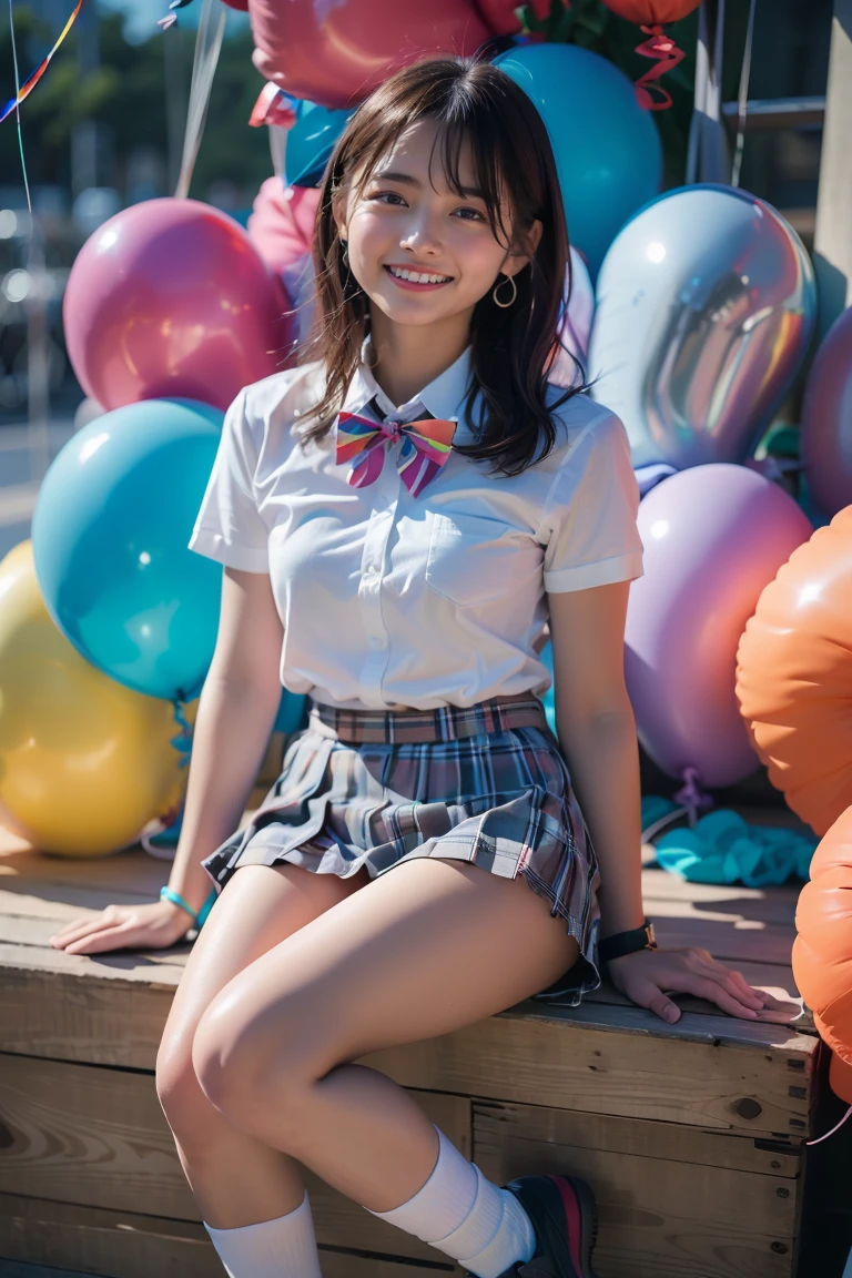 (extremely detailed face), (Happy, smile:1.3), 1girl, beautiful woman, young woman, 18yo, extremely beautiful detailed eyes, shiny lips, (white shirt, short sleeves, bowtie, plaid miniskirt, pleated skirt, bare legs, thighs, socks, loafers, school uniform:1.3), background High tone color, (background a lot hightone colorful balloon:1.5), (best quality), 8K, (realistic), ultra high res, extreme detailed, masterpiece, cinematic lighting