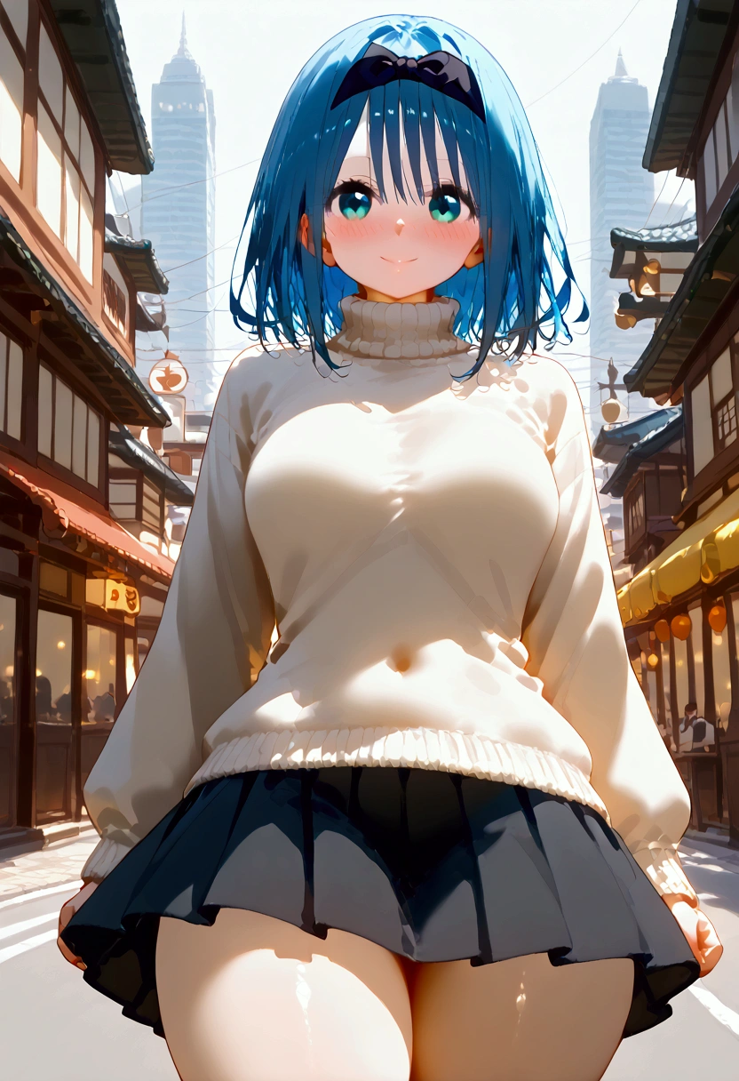 ((masterpiece)), Perfect anatomy, perfect shading, campo de profundidad, (The best quality), extremely delicate and beautiful, perfect lighting, detailed face, ultra beautiful face, beautiful, (cowboy shot 1.2), (((1 girl))), ((Alone)), Looking at the viewer, ((((Sarashina Ruka)))), ((blue hair band)), ((Cinnamon Turtleneck Sweater)), ((short black skirt)), (blush) sweet smile, medium breasts, perky breasts, Wide hips, ((thick thighs)), Japanese city, Street, Intricate background, Detailed background, standing, arms behind the back,