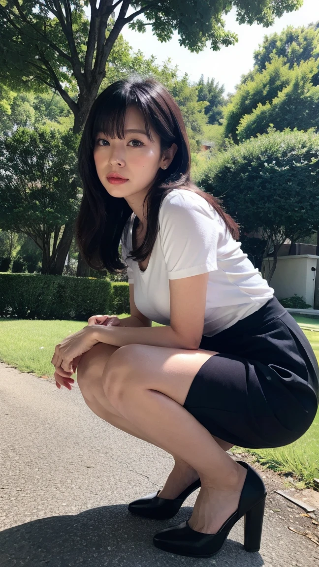  Best Quality, masterpiece, High resolution, Photorealistic, RAW Photos, 8K wallpaper, perfection, Professional Lighting, Very detailed, Written boundary depth, One girl, Mature, Dark night in the park, mini skirt、、High heels,Pearl Earrings、Pearl Pendant、 (Look away), Detailed face, Beautiful Eyes, Sit on a bench, bangs, Shapely small breasts, Black Hair、Long hair green、Flash photography、Angle from below