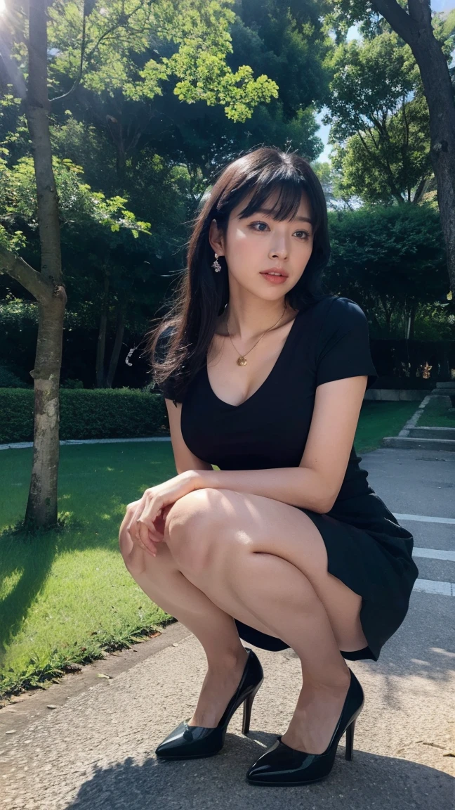  Best Quality, masterpiece, High resolution, Photorealistic, RAW Photos, 8K wallpaper, perfection, Professional Lighting, Very detailed, Written boundary depth, One girl, Mature, Dark night in the park, mini skirt、、High heels,Pearl Earrings、Pearl Pendant、 (Look away), Detailed face, Beautiful Eyes, Sit on a bench, bangs, Shapely small breasts, Black Hair、Long hair green、Flash photography、Angle from below