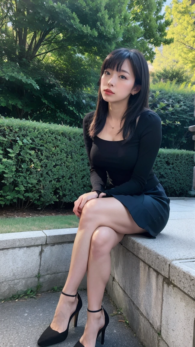  Best Quality, masterpiece, High resolution, Photorealistic, RAW Photos, 8K wallpaper, perfection, Professional Lighting, Very detailed, Written boundary depth, One girl, Mature, Dark night in the park, mini skirt、、High heels,Pearl Earrings、Pearl Pendant、 (Look away), Detailed face, Beautiful Eyes, Sit on a bench, bangs, Shapely small breasts, Black Hair、Long hair green、Flash photography、Angle from below