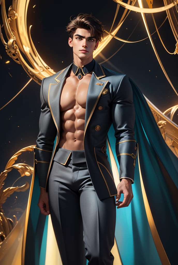 (absurdres, highres, extremely detailed, Ultra High Definition, masterpiece), The Time Traveler: A handsome man stands amidst swirling temporal energies, his tall, muscular frame dressed in a sleek, futuristic suit that fits perfectly over his large chest, solo, Full length portrait: 1.5, beautiful detailed eyes, beautiful detailed lips, extremely detailed eyes and face, smooth skin, a hot glow in his skin, perfect body, large chest, extremely large breasts, big nipples, sexy gaze, sexy expression, sexy posture, short hairstyle, The suit is made from a glossy, dark material that reflects the shifting colors of the temporal vortex around him, clinging to every contour of his body. It is adorned with glowing lines that pulse with energy, tracing his sculpted abs and defined arms. The suit’s high collar frames his neck, while the sleeves are fitted with small, intricate devices that hint at his mastery over time itself. His smooth skin gleams with a soft, metallic sheen, while his short, tousled hair shimmers in a spectrum of colors. He gazes at the viewer with eyes that shift hues, capturing the essence of every time period he’s seen. His expression is a blend of curiosity and allure, a knowing smile suggesting he carries the weight of countless adventures. The background is a whirlwind of time portals and shimmering lights, enhancing his enigmatic presence. Beautiful, gorgeous, wet, sensual, alluring, erotic, mature, His presence blends effortlessly with the scene creating a breathtaking sense of sensuality and allure. Breathtaking grandeur, model pose, focus on his calm facial features, elegant look, full body view,