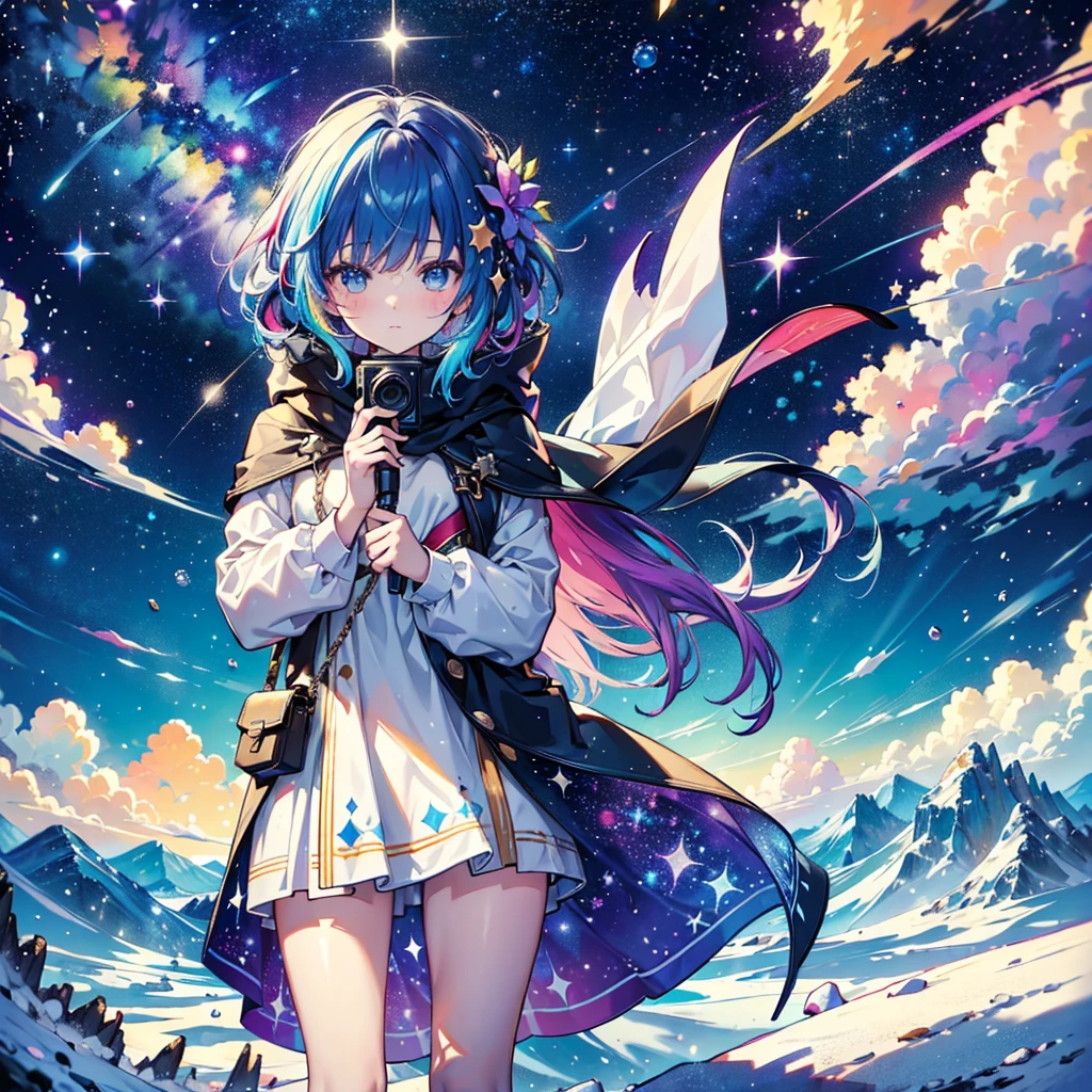 (masterpiece, best quality), (colorful:1.4), from above, solo, 1girl standing atop a mountain peak where the stars touch the earth, with a cloak woven from stardust and a bag of constellations to guide her journey, depth of field, fisheye lens