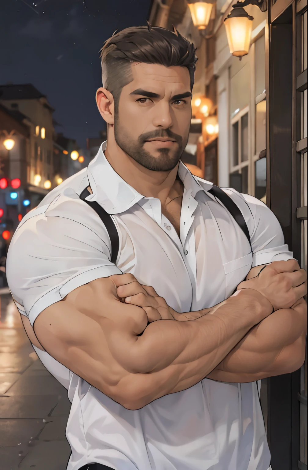 Masterpiece, Best Quality, Ultra-Detailed, (absurdres, highres, ultra detailed, realistic, ), 1male, solo, 3, mature, tall, muscular guy, huge shoulders huge biceps, huge chest, bara, jock, strong, hunk, stud, handsome, very short hair, black hair, brown eyes, angular jaw, black beard, very thick neck, thick eyebrows, night, dark, the night view of the city background, social shirt, white shirt, upper body