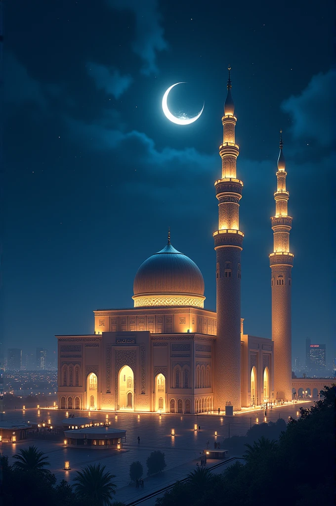 A tiny futuristic Malay style mosque in the middle of a village at night, Far point of view