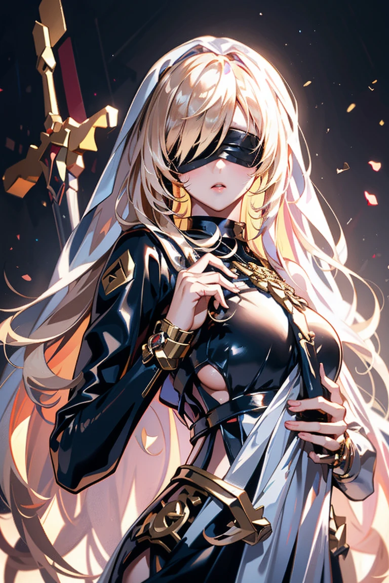 Black leather jacket，Blindfold to cover your eyes，A golden cross printed on the chest，Mecha Girl，whole body(Best quality, Detailed background, high resolution, Ridiculous, bloom, disheveled hair, shiny hair, Exposure to light, High and cold, Focused and meticulous gaze)