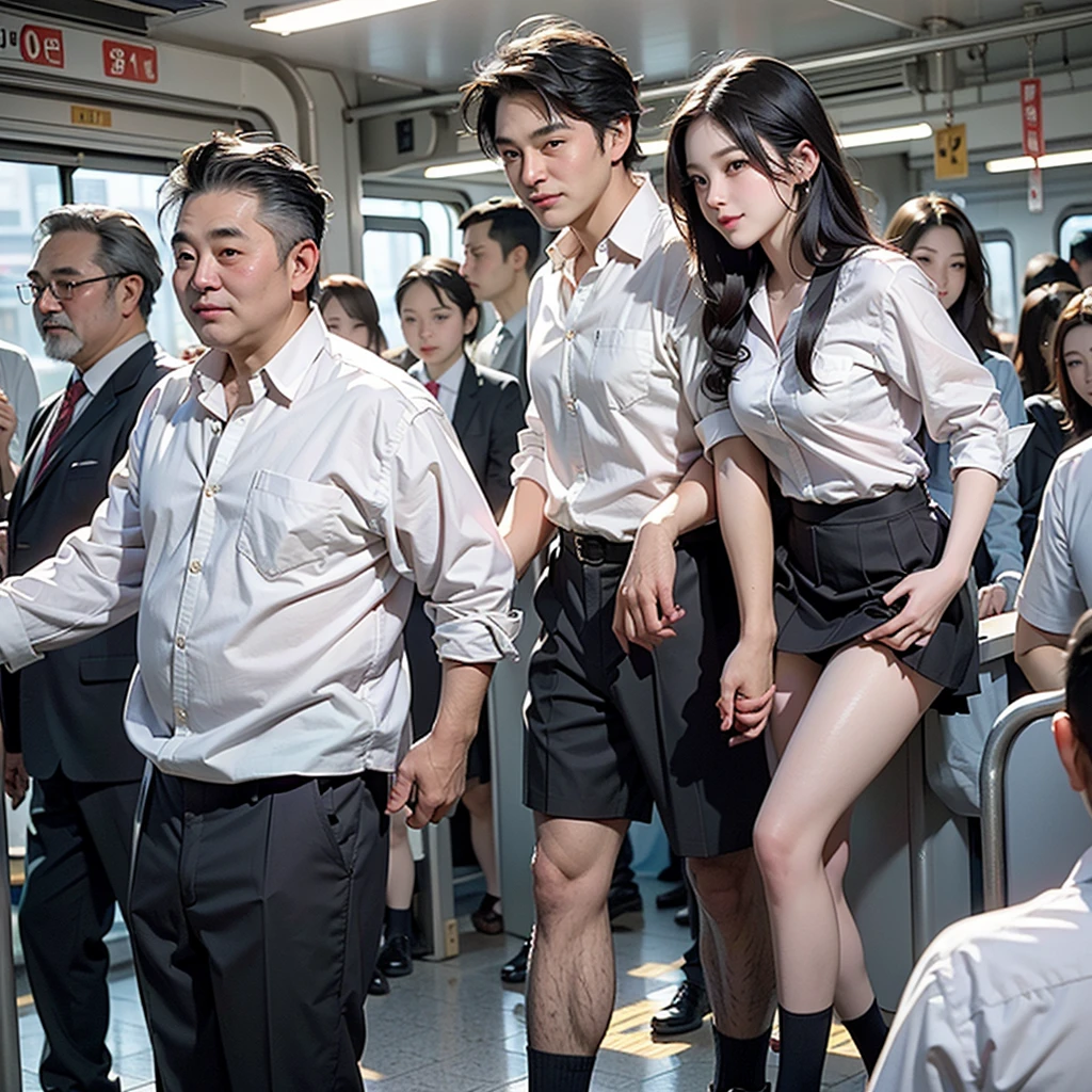 grasp, , 
High school girl grabbed by hip on train, 
White transparent small bikini， 
Beautiful 1 girl, 
3 man, 
(harassing), 
Man grabbing girl's ass on train,
Man grabbing girl's on train,