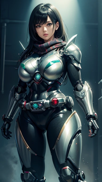 a beautiful young woman with a fit, toned body wearing a skin-tight bodysuit, big breasted, with electric belts and a visor, 4k, 8k, high resolution, masterpiece, photorealistic, detailed, dark sci-fi, cyberpunk, neon lights, glowing effects