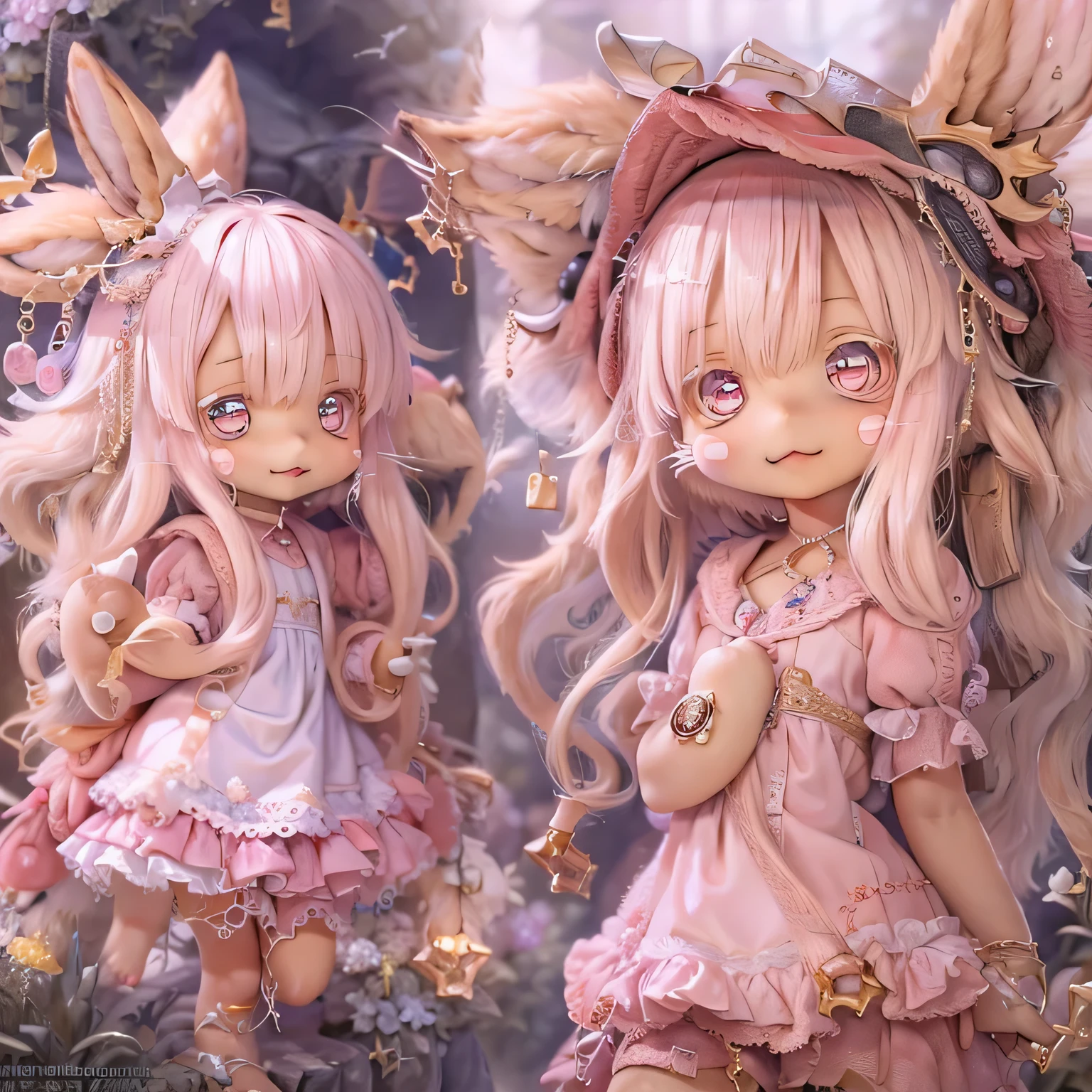 In the garden, smile, Similar to Nanachi from Made in Abyss. She is beautiful, Beautiful eyes and lips.  (((Chibi Style,))) . Image quality is excellent, Highly detailed and realistic features. The medium of this work is、Combining illustration and photorealistic rendering.. The colors are vivid、The lighting creates a warm and bright atmosphere。 whole body(((((Cute pink dress)))))Contrasting cute poses