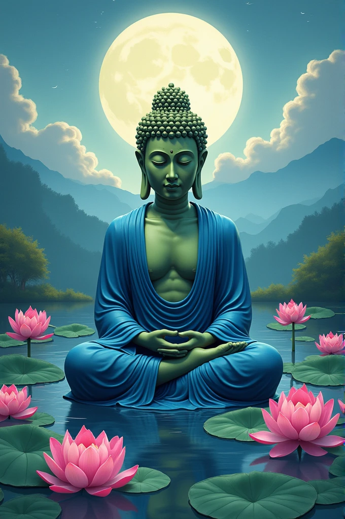 A painting of a blue buddha statue in the flowers