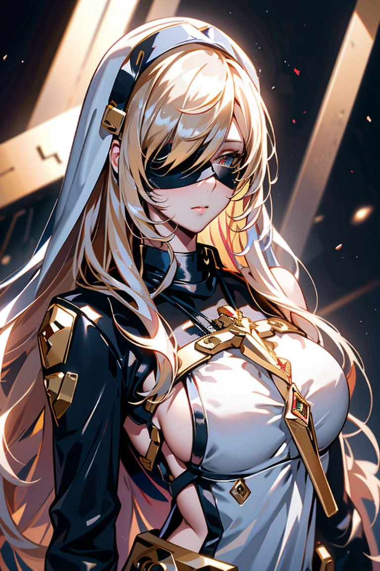 Black leather jacket，Blindfold to cover your eyes，A golden cross printed on the chest，Mecha Girl，whole body(Best quality, Detailed background, high resolution, Ridiculous, bloom, disheveled hair, shiny hair, Exposure to light, High and cold, Focused and meticulous gaze)