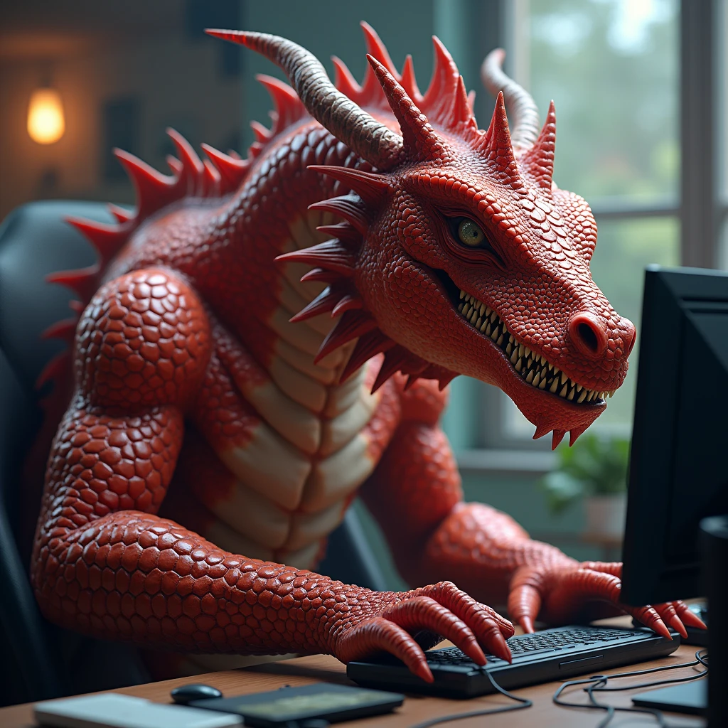 A powerful dragon perched atop a stack of monitors, its claws typing away as it edits videos with a masterful touch. the screen shows the video editing tool opened --auto