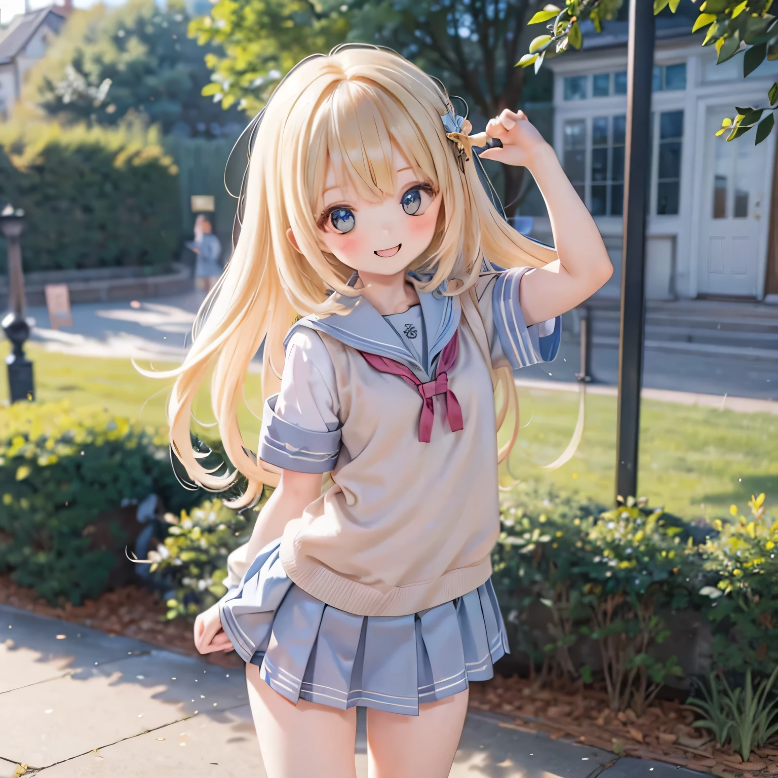 transparent background, simple background, nsf, 4K resolution, masterpiece, best quality, intricate detail, ultra detailed, High definition, realistic face, extremely beautiful, beautiful detailed face, beautiful body, beautiful detailed eyes, hyperrealistic character, photorealistic, realistic picture, country girl, ta, girl focus, light smile, 1girl, elf girl, asian-face, blonde hair, pointy ears, blue eyes, small breasts, school uniform, summer uniform, hands on own thighs, hand on hand, sailor shirt, red neckerchief, skirt