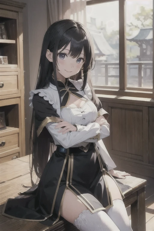 (masterpiece, best quality, ultra detailed, high resolution, absurdres:1.4), (shiny black hair, twin-buns style, smooth and white shiny skins:1.2), (super fine illustration, extremely detailed CG unity 8k wallpaper), 1girl, extremely cute and beautiful girl. slender, abs, medium breasts, red, gold, BREAK, (lace), (single fishnet legwear, single garter strap, cross-laced sleeves, cross-laced clothes:1.2), heart, collar, ribbon choker, ear piercing, BREAK, Japanese kimono, gothic Lolita, knee-length skirt, BREAK, background is Japanese hotel in the night, ryokan, wasitu background, light grin smile, sitting, wariza, hands on between legs, ufotable style, anime screen cap,