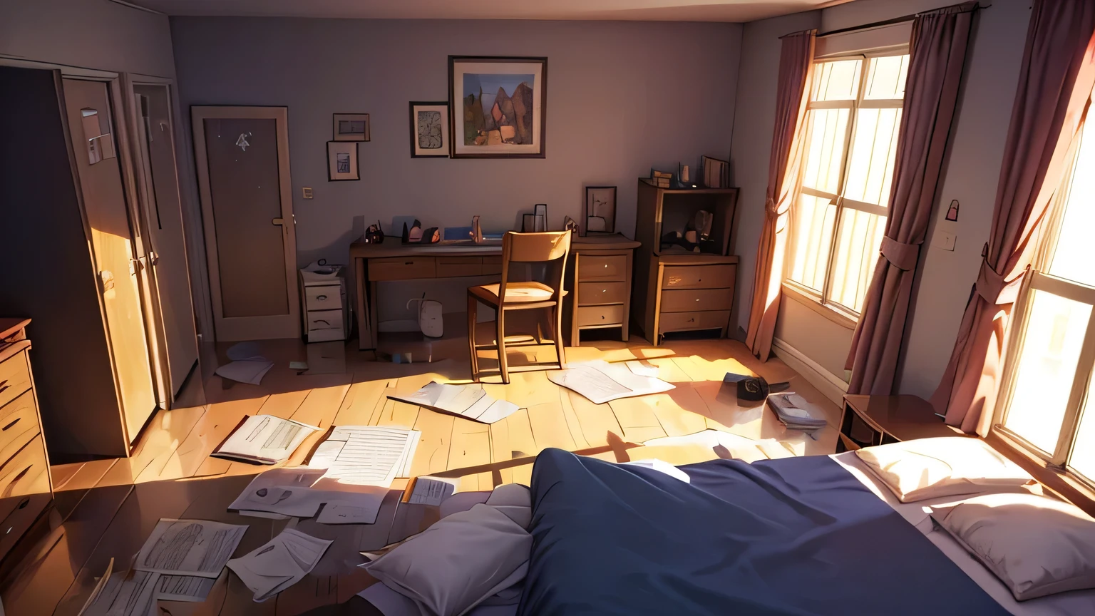 lots of paperwork on the ground, dirty clothes and empty bottles of water