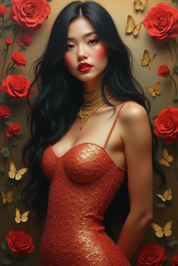 a cute Yuna in cosplay as Morticia Adams, beautiful detailed eyes, beautiful detailed lips, extremely detailed eyes and face, long eyelashes, slinky black dress, deep v down middle, deep thigh slits, sultry pose, holding a black rose, 8k, best quality, high resolution, masterpiece, ultra-detailed, realistic, photorealistic, HDR, studio lighting, extreme detail description, vivid colors, dark gothic, chiaroscuro lighting, moody atmosphere, dramatic lighting
