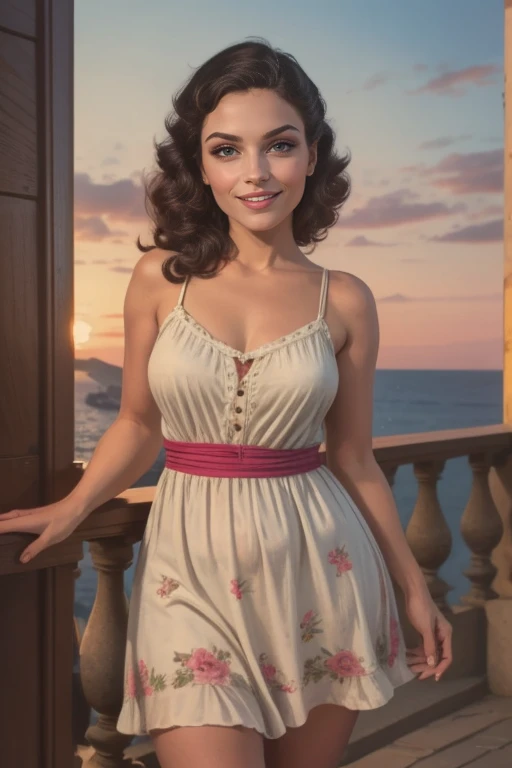 Vintage retro art printing of a smiling woman, perfect face, symmetrical face, French face, sensual face, mischievous smileshe is wearing an intricate sundress,as scenery a terrace in sorrento, in the art style of gil elvgren, award winning, masterpiece, dramatic lighting,