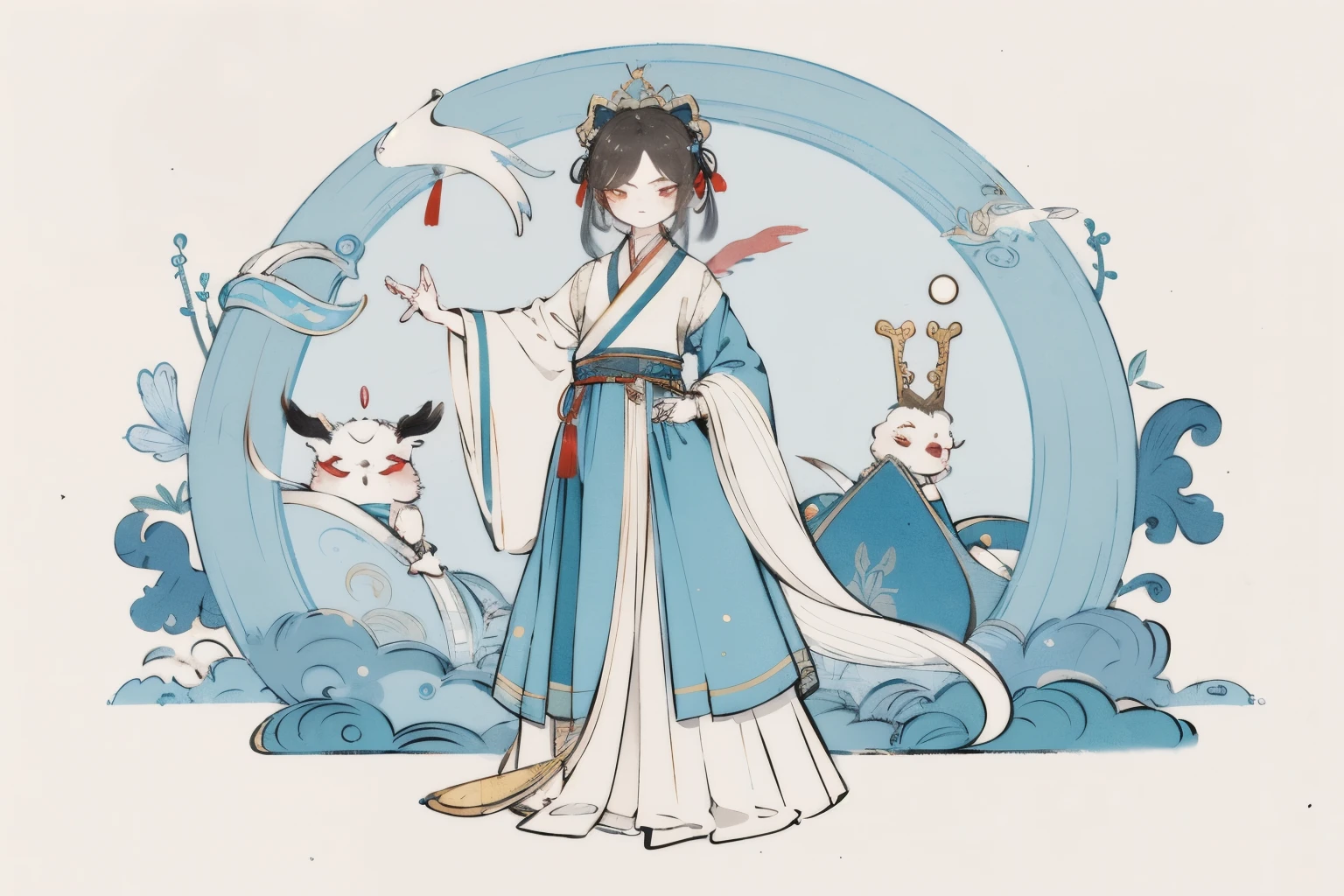 Western DancerAnime girl in blue and white skirt, ((beautiful fantasy queen)), beautiful fantasy queen, full body xianxia, palace , A girl wearing Hanfu, Inspired by Qiu Ying, xianxia fantasy, Hungry Ghost Festival, white hanfu, Inspired by Ma Yuanyu, Inspired by Zhao Yuan