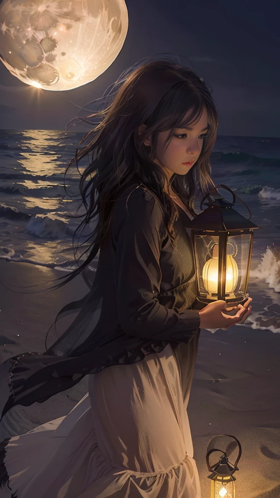 (Moonlit Night),(At the Beach,Crashing Waves),(Dramatic lighting),(silhouette),(Shining Sand),(Peaceful and relaxing atmosphere), 100 lanterns, Many beautiful lanterns, Giant Moon