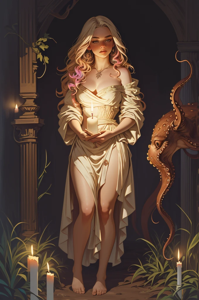 a barefooted confused looking attractive nude woman from 17th century France based on Billie Eilish, she peers at something in front of her while holding a candle in her hand, full body shot, baroque, highly detailed cinematic illustration, black outlining, full color illustration, vivid colors, she stands in the darkness illuminated by the candle, in the background are demonic octopus tentacles threatening her though she is unaware of it, horror vibes