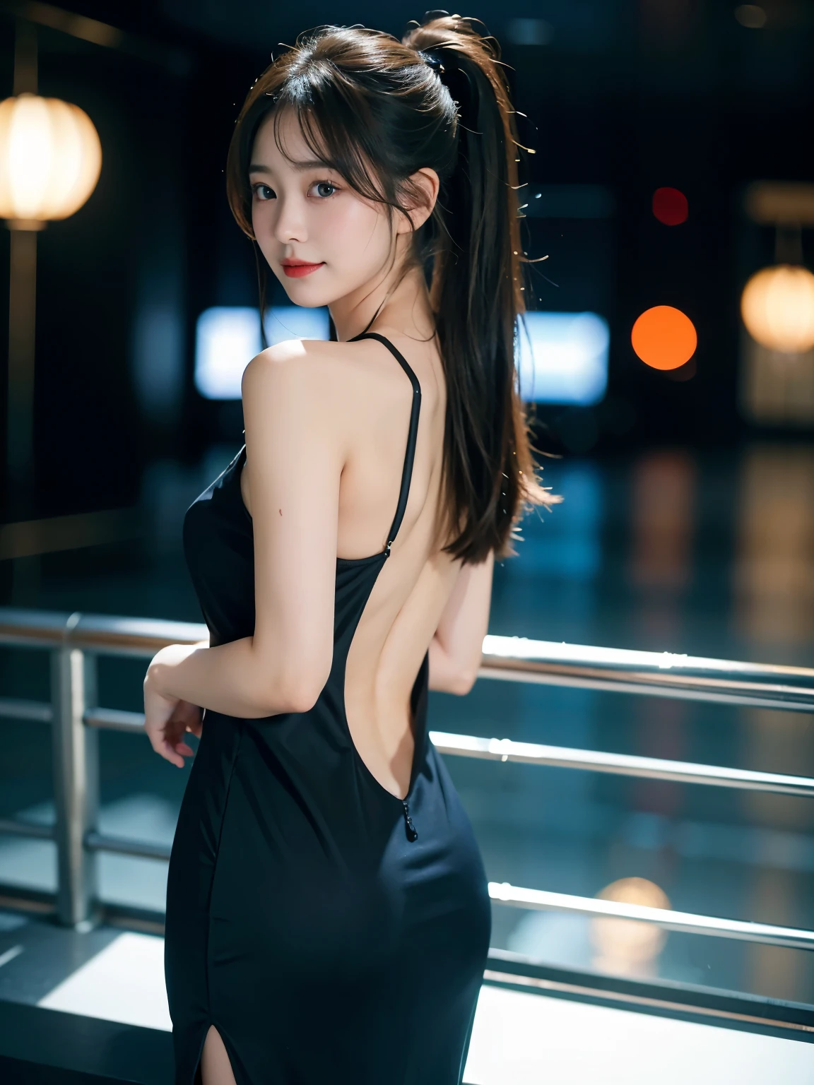 8k, masterpiece, RAW Photos, highest quality, detailed:1.2),Realistic, Extremely detaileded CG unifies 8k, 8k, diamond, wallpaper, Written boundary depth, Cinematic Light, Lens flare, Ray Tracing, (Very beautiful face, Beautiful Lips, Beautiful Eyes), intricate detailed face, ((ultra detaileded skin)) One Girl, In the Dark, Deep Shadow, Cute Korean Girl, K-POPアイドル,(Very slim and slender muscular body:1.3), ((Viewer Display)),(Big smile), ((Big Ass)), (Bodycon mini dress),(Pink Dress), (Injection Sleeve) , (City Night, (Neon Signs), (Nightclub), Cute Korean Girl, Earrings, Bangles, necklace, pantyhose, Clear Eyes, walk , (Pale skin), look forward to, (Big eyes), ((Upper Body Shot)), ((Big Ass)), Bodycon see-through mini dress, Silk mini dress , Turn back, Shrapnel, Very slim, Damage to reputation