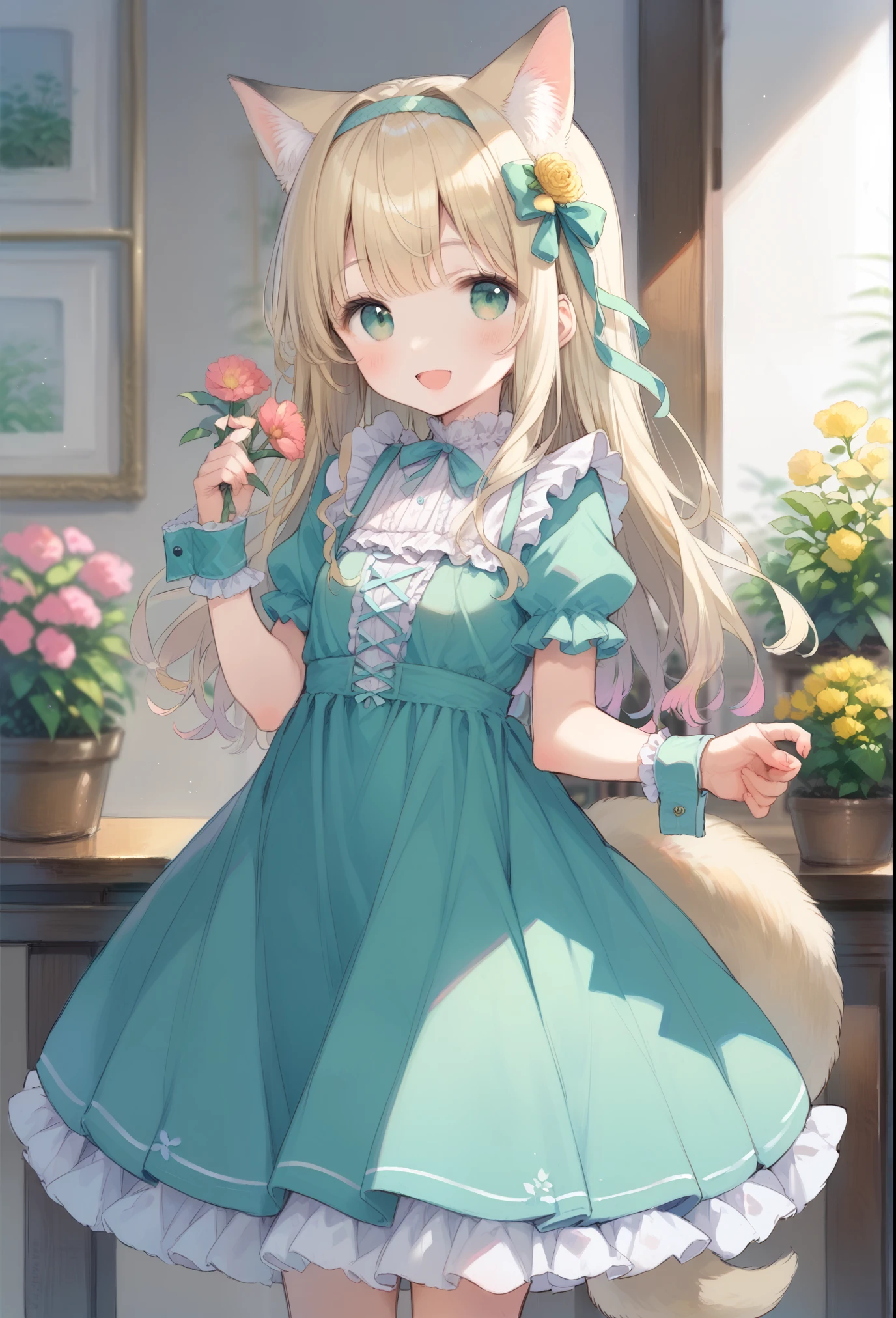 One girl, :d, Animal earsの毛, Animal ears, bangs, black hair band, Blonde, Blurred, Blurred background, Depth of written boundary, dress, flower, flower pot, frilled dress, Frills, green dress, Green Eyes, hair band, Holding, Long Hair, Open your mouth, pink flower, plant, potted plant, sketch, No sleeve, No sleeve dress, smile, alone, tail, Wrist cuff, yellow flower, 1980s (style)