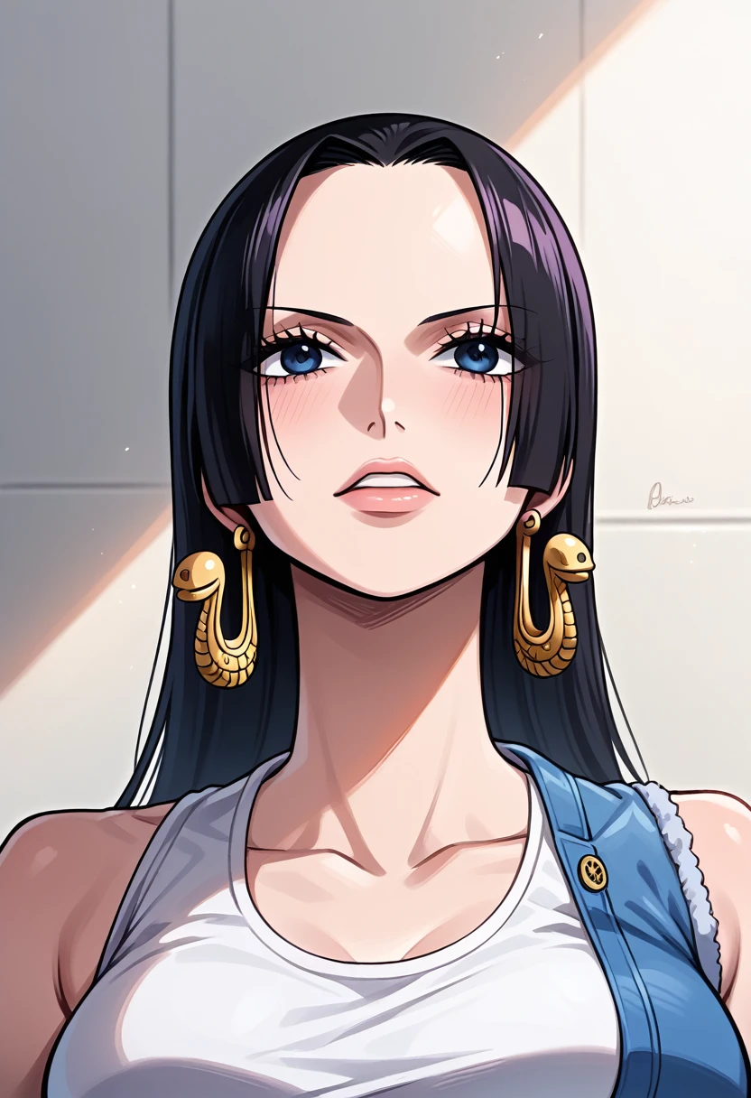 a portrait of 'Boa Hancock' from 'One Piece' wearing designer outfits inspired by luxury fashion brand Versace. The scene should be set in a high-end fashion store with sleek luxury clothes in the background. 'Boa Hancock' wearing a Versace dressed in a sleek, a white sleeveless shirt with a Versace design logos on it. Incorporate bold colors, intricate details, and a sense of luxury and sophistication. The mood is sophisticated and glamorous, with the characters exuding confidence and style. dramatic lighting. Half body shot. The camera angle is a low-angle shot, looking up at the characters. ART BY GUWEIZ.