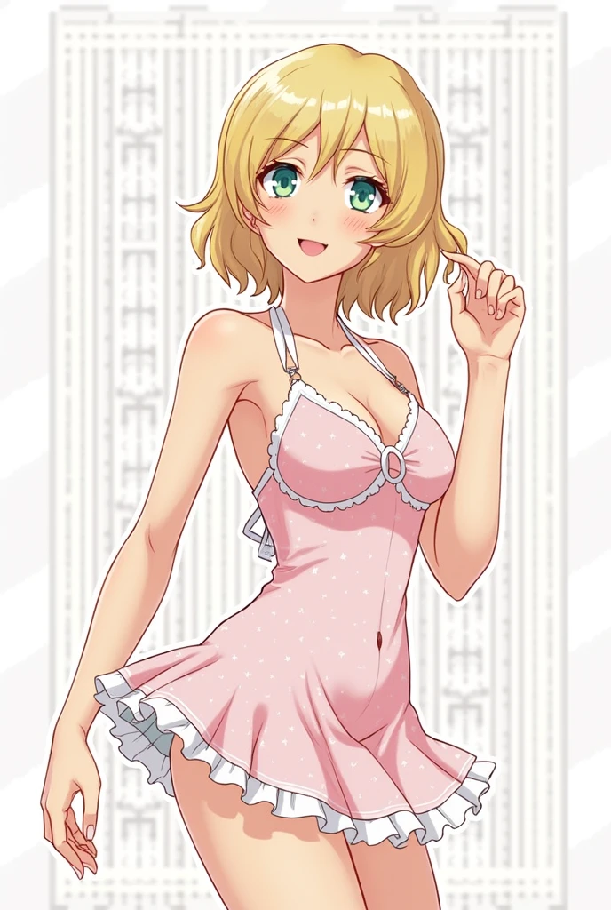 "(masterpiece:1.1), best quality, 
1girl, (80s anime style:1.4), (eyelashes:1.5),(loli:1.2), 
(intricate high detailed body:1.2), 
blonde hair, 
(forehead, parted bangs, hairclip:1.1), (short hair:1.1), (holy hat:1.2), 
green eyes, 
(large breasts:1.1), 
grin, open mouth,
(see-through lace leotard armor:1.2), (garter belt:1.1), 
(belts:1.1), (hoop earrings:1.1), crystal necklace, 
standing, arms behind back, 
(cowboy shot, looking at viewer, from front:1.1),
(daytime, grassland, outdoors:1.1)"