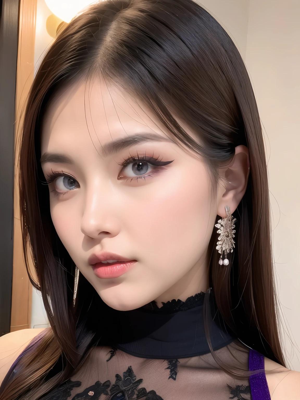 (Masterpiece), Best Quality, 8K Resolution, 3D, Close Shot, A Beautiful Girl, Dress, Perfect Body (Plump), ((Beautiful Detailed Face)), (Upper Body: 1.3), Black Hair (Messy), Delicate Makeup, Red Lips, Oil Lips, Long Eyelashes, With Silver Earrings, Bright Big Eyes, Eye Shadow, Lying Silkworm, Movie Lighting, Cute Girl, Master Works, High Detail, Colorful Picture, Light and Shadow Details, Extremely Delicate Beautiful Girl, Supple and Fair Skin, Delicate facial features, perfect face, stunning beauty, extreme details, realistic details, facing the camera, holding a mobile phone to take a selfie, Clear focus: 1.2, 1girl