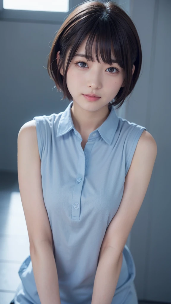 Japanese, high school girl, smile, young face, black hair, bob cut hair, blue hairband, white tank top, cleavage, necklace, blue denim shorts, black socks, blue shoes, antique bedroom, standing in front of a white bed, window, blue sky and white cumulonimbus clouds, beach, nostalgic scenery, refreshing feeling
