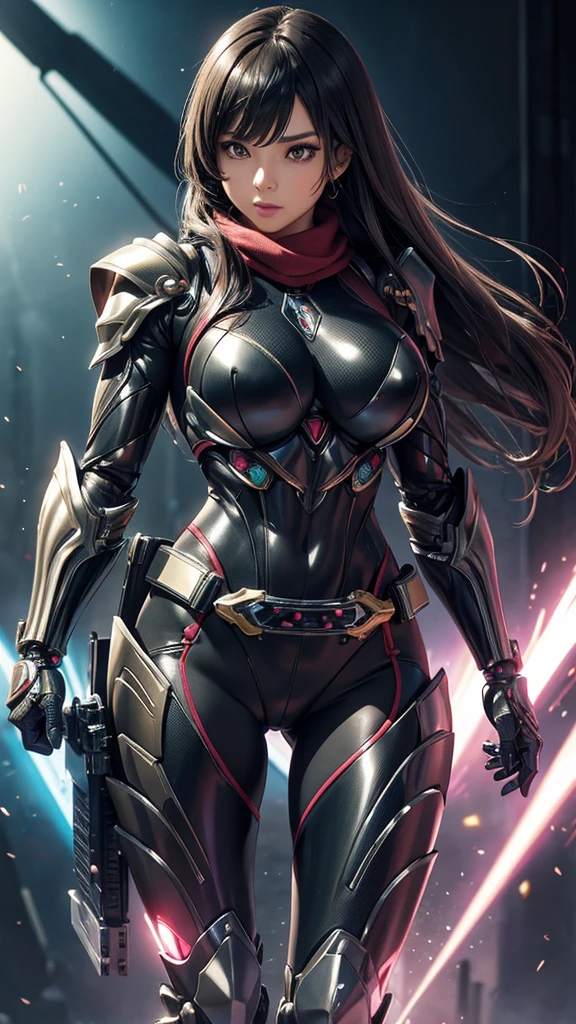 A Kamen Rider girl、superhero、Mechanical Suit、bikini body armor、bikini mechanical armor、Metallic texture、scarf、Kamen Rider、big breasts, bikini body armor、Mechanical Suit、 bright color、8k、Sharp contours、tokusatsu、transformation belt、uma garrafa de líquido está presa no transformation belt como um cartucho、Kamen Rider with perfume motif、