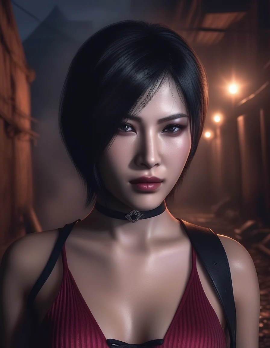 RE4 naked in a dark alley at night、Ultra-Realistic and Highly Detailed Real Life Naked 8k Masterpiece of Asian Woman Re Ada Wong, Highly detailed facial features, Dark Scary Spectacular Lighting, Horror Composition