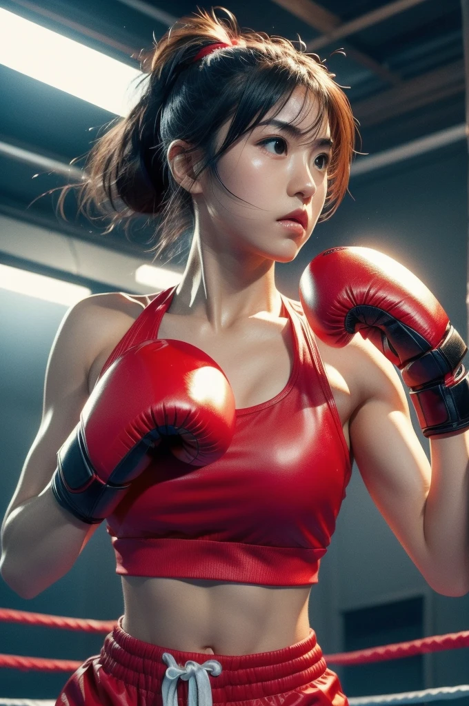 Japanese girl boxer wearing red boxing gloves, She is wearing a cropped tank top and trunks, on the boxing ring, she is in a fighting pose, (((realistic))), (((High resolution)))