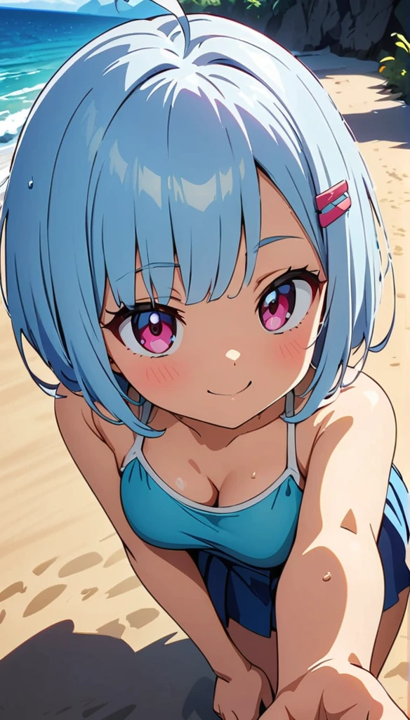 (anime artwork, anime style, studio anime, very detailed, up to date, vibrant, Anime Coloring, high contrast, masterpiece:1.2, best quality, best aesthetics),2 girl,hug from behind,swim suits, Medium chest, A glimpse of thighs,random hair, One eye is hidden by the bangs, perfect proportions, high detail skin, Cute, detailed faces,beach, precise fingers,curvy,swim suits  crowd 