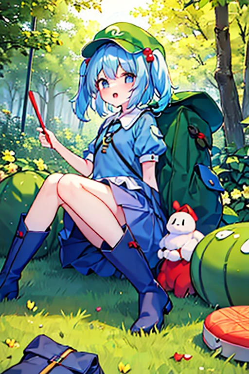 Inubashiri Momiji and Kawashiro Nitori playing a board game),2girls, playing a board game,outdoors, inubashiri momiji, wolf ears, tokin hat, short hair, red eyes, white hair, detached sleeves,skirt, open mouth, kawashiro nitori, blue eyes, blue hair, medium hair, two side up, short twintails, sidelocks, blue shirt, short sleeves, collared shirt, frills, blue skirt, skirt set, pocket, knee boots, blue footwear, rubber boots, green headwear, flat cap, hair bobbles, backpack, key, cucumber, crowbar, reeds, mechanical arms, wrench,