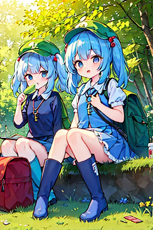 Inubashiri Momiji and Kawashiro Nitori playing a board game),2girls, playing a board game,outdoors, inubashiri momiji, wolf ears, tokin hat, short hair, red eyes, white hair, detached sleeves,skirt, open mouth, kawashiro nitori, blue eyes, blue hair, medium hair, two side up, short twintails, sidelocks, blue shirt, short sleeves, collared shirt, frills, blue skirt, skirt set, pocket, knee boots, blue footwear, rubber boots, green headwear, flat cap, hair bobbles, backpack, key, cucumber, crowbar, reeds, mechanical arms, wrench,