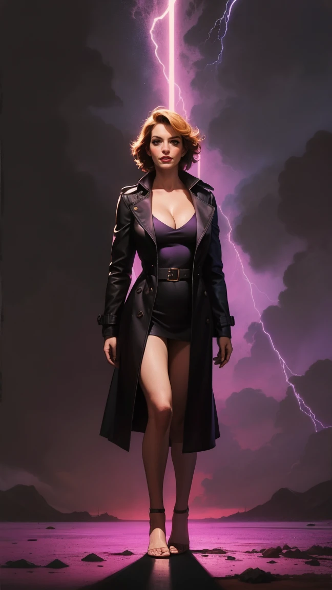 ((Full body shot, standing, feet on the ground)) A sexy girl, black trench coat, cleavage, glowing purple aura, dramatic lighting, dark and stormy background, high detail, digital painting, illustration, (masterpiece, best quality:1.2), comic retro style