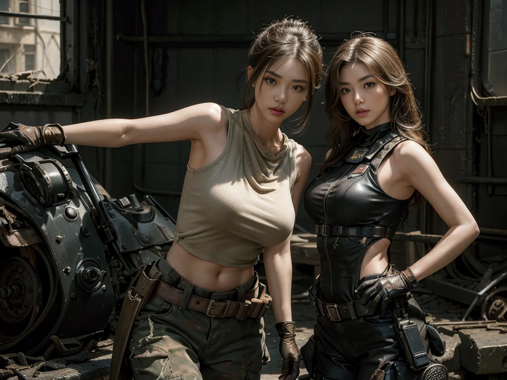 super fine illustration, ultra high resolution, masterpiece, highest quality, perfect lighting, detailed lighting, dramatic shadow, ray tracing, 1 beautiful white girl, solo, looking at viewer, medium breasts, exposed cleavage, beautiful detailed hazel eyes, sharp face, clear eyes, long bang, ((medium curly black hair:1.2)), ((post-apocalyptic fiction)), ((desert:1.2)), ((battle suit:1.2)), (((military harness))), Resident Evil Series, full body,