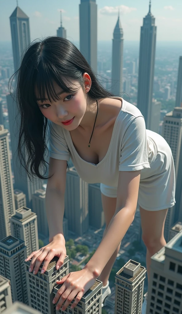 (32k, High resolution, highest quality, masterpiece, 超High resolution), ((Giantess Elements, Typhoon heavy rain)), From above, Perfect dynamic composition:1.2, (Modern city at night, Expressions of sadness:0.7), Highly detailed skin and facial textures:1.2, (Towering Giant Young Woman:1.0, Higher than skyscrapers:1.0, 65,000 feet high:1.0, Incredibly slim body:1.0), Fair skin, Sexy beauty, Very beautiful face, , Water droplets on the skin, (The rain drips down on my body:0.5, Wet body:0.5, Wet Hair:0.5), (Wet linen panty:1.0, Wet turtleneck sweater:1.0), Shapely breasts, Chest gap, Big eyes that exude beautiful eroticism, Lips that exude beautiful eroticism, necklace, Earrings, bracelet, wedding ring, Shoulder bag, clock, ribbon, Full body portrait, ((Destroy a small city, Burning Small Town, rubble, Destroyed small building, Collapsed highway, Evacuated Residents)), (Major impact, Emphasizing the majesty and power of giants, Increase the destructive element, Lower the building, Making cities smaller)