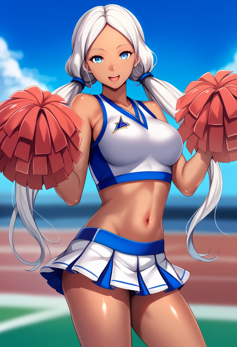 1girl, white hair, curly hair, parted bangs, dark skinned girl, very dark skin girl, long hair, low twintails, bare forehead, blue eyes, puffy lips, breasts, thighs, red cheerleader outfit, midriff, skirt, sports field, blue sky, smile, open mouth, shiny skin, (cowboy shot), body upclose, standing