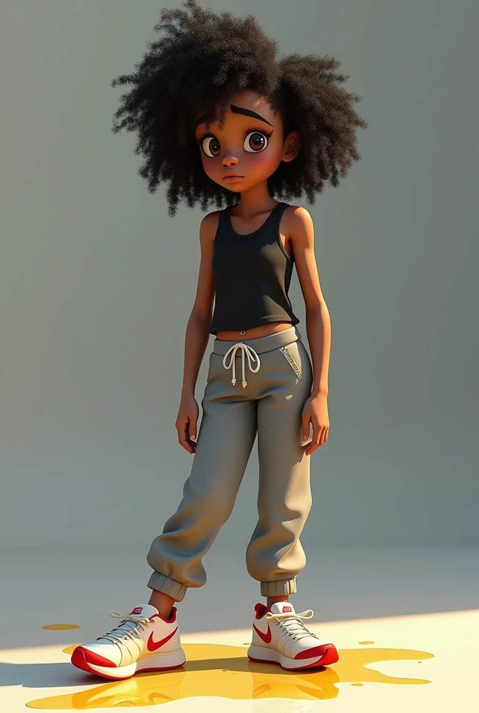 A highly detailed 3D African American woman. Full body image. Pixar, Disney like. Plain background. wearing cute Henley top, harem pants and sandals. She has a cute head sock on the head