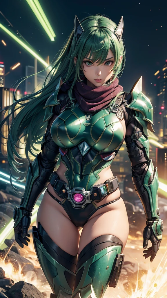 A Kamen Rider girl、superhero、mechanical bikini suit、bikini body armor、bikini mechanical armor、Metallic texture、scarf、Kamen Rider、big breasts, bikini body armor、Mechanical Suit、bright color、8k、green hair, Sharp contours、tokusatsu、transformation belt、uma garrafa de líquido está presa no transformation belt como um cartucho、