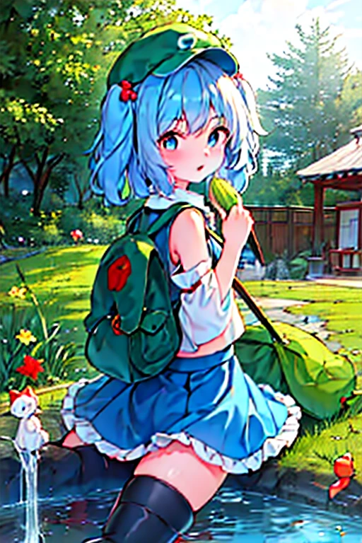 Inubashiri Momiji and Kawashiro Nitori playing a board game),2girls, playing a board game,outdoors, inubashiri momiji, wolf ears, tokin hat, short hair, red eyes, white hair, detached sleeves,skirt, open mouth, kawashiro nitori, blue eyes, blue hair, medium hair, two side up, short twintails, sidelocks, blue shirt, short sleeves, collared shirt, frills, blue skirt, skirt set, pocket, knee boots, blue footwear, rubber boots, green headwear, flat cap, hair bobbles, backpack, key, cucumber, crowbar, reeds, mechanical arms, wrench,