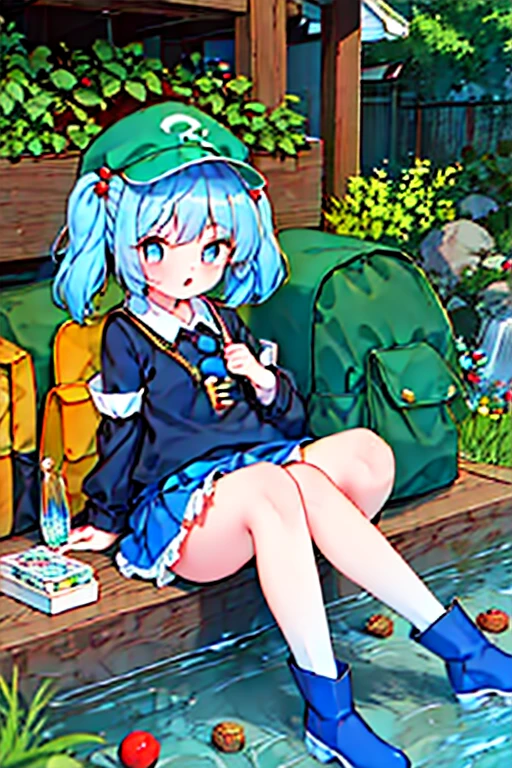 Inubashiri Momiji and Kawashiro Nitori playing a board game),2girls, playing a board game,outdoors, inubashiri momiji, wolf ears, tokin hat, short hair, red eyes, white hair, detached sleeves,skirt, open mouth, kawashiro nitori, blue eyes, blue hair, medium hair, two side up, short twintails, sidelocks, blue shirt, short sleeves, collared shirt, frills, blue skirt, skirt set, pocket, knee boots, blue footwear, rubber boots, green headwear, flat cap, hair bobbles, backpack, key, cucumber, crowbar, reeds, mechanical arms, wrench,